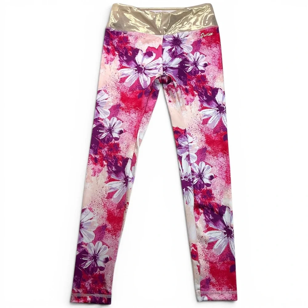 Justice Multi Pink Floral Leggings Kids Size L 12/14 Gold Metallic Waistband
